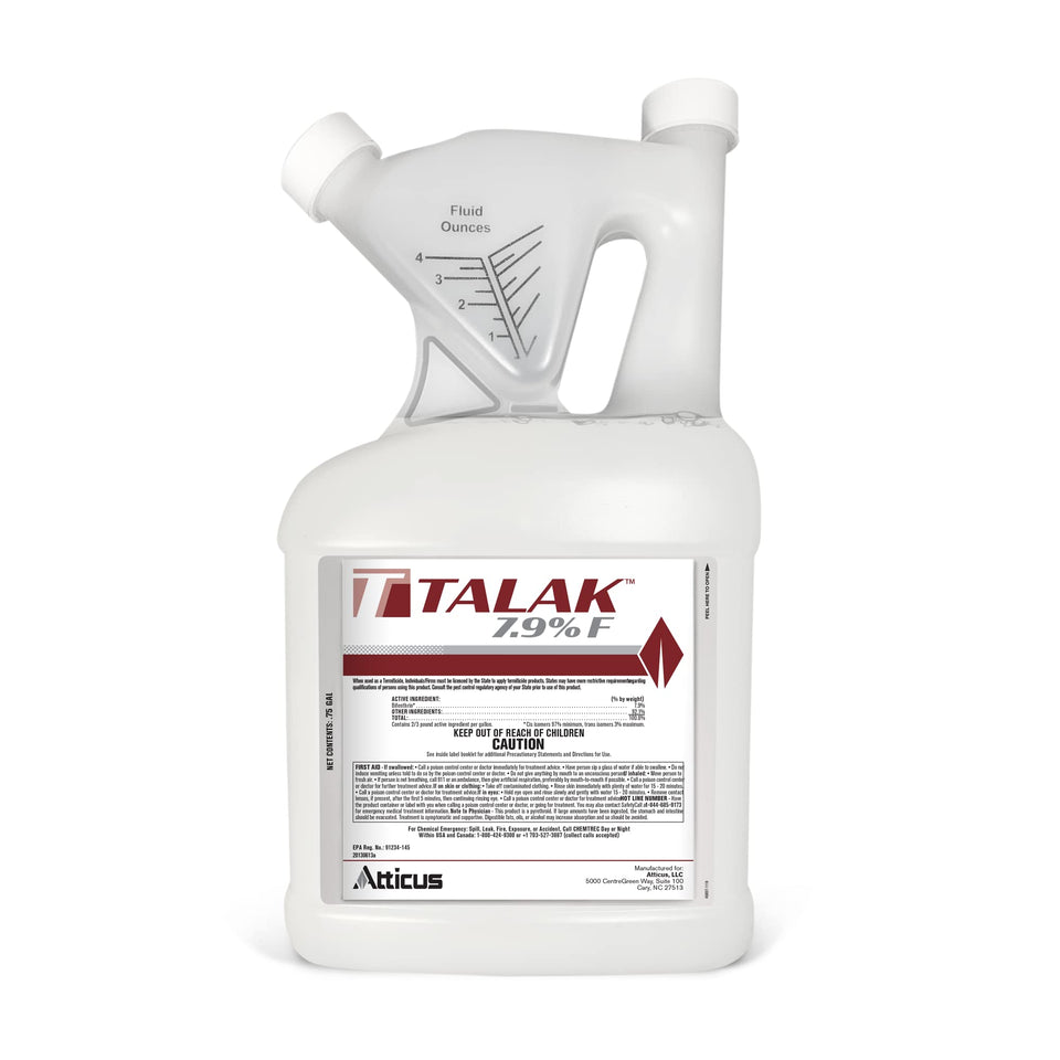 Atticus Talak 7.9 F bifenthrin concentrate bottle for versatile indoor and outdoor control.