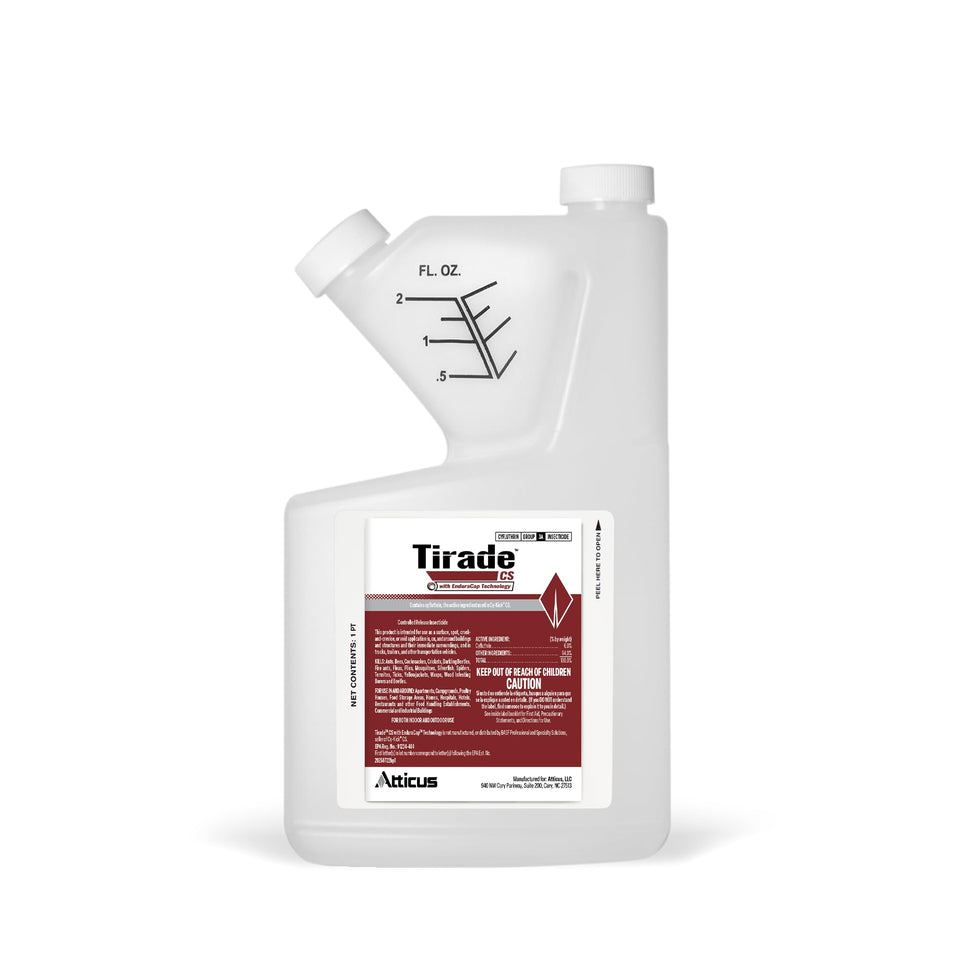 Atticus Tirade CS bottle label highlights EnduraCap for long lasting pest control.