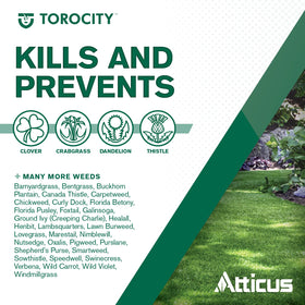 Atticus Torocity broad-spectrum weed control targets crabgrass, clover, oxalis, and more.