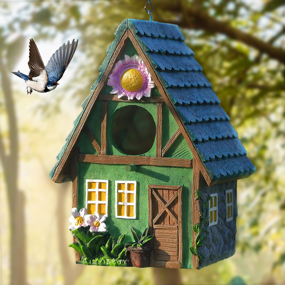 Attivolife bird house with carved resin roof enhances garden charm and durability.