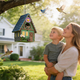 Attivolife resin bird house entrance hole detail highlights easy nesting access.