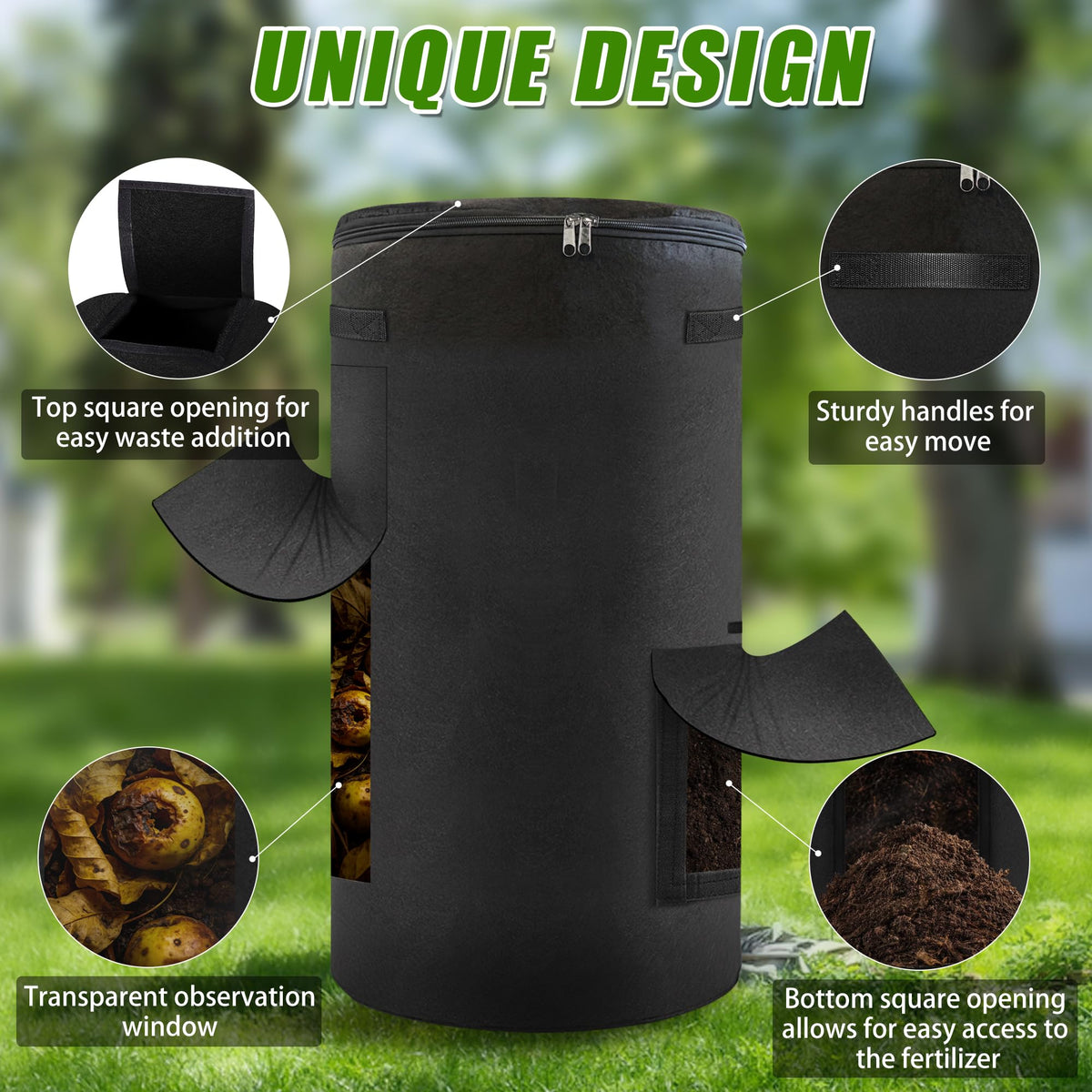 Atvkov compost bin top double zipper facilitates easy soil addition.