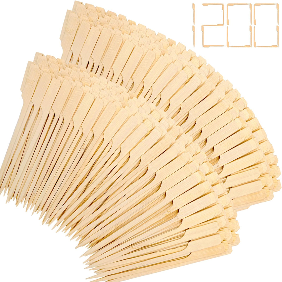 ATZNZIK bamboo appetizer skewers with flat paddle design for easy grip during party service.
