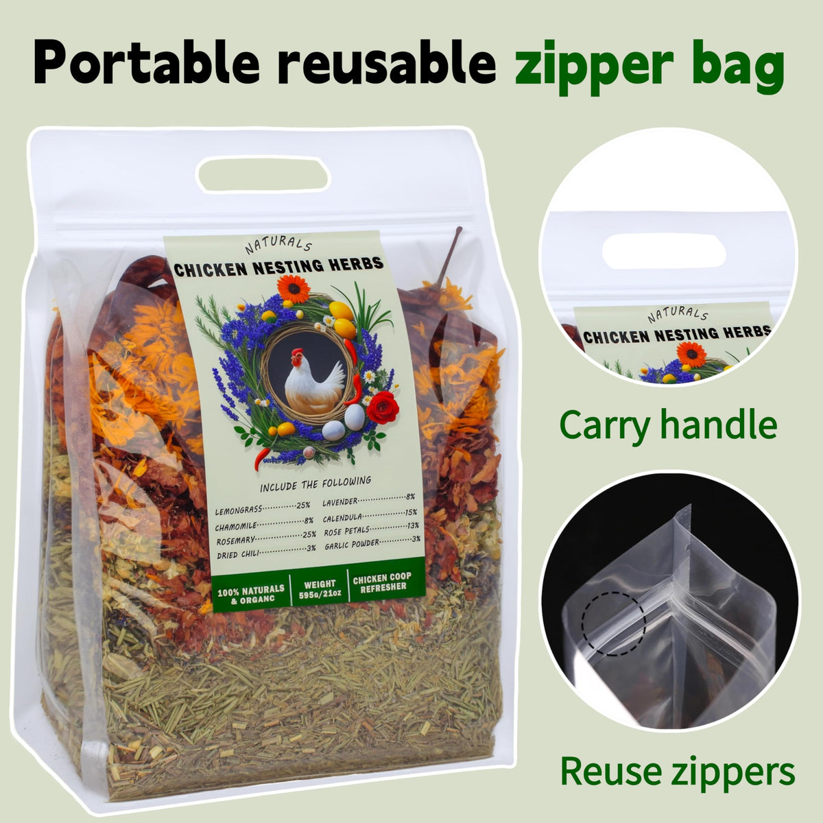 AUBOEAY dust bath-ready herbs sprinkled into coop bedding.