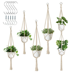Auckpure five-pack beige macrame plant hangers for stylish indoor greenery.