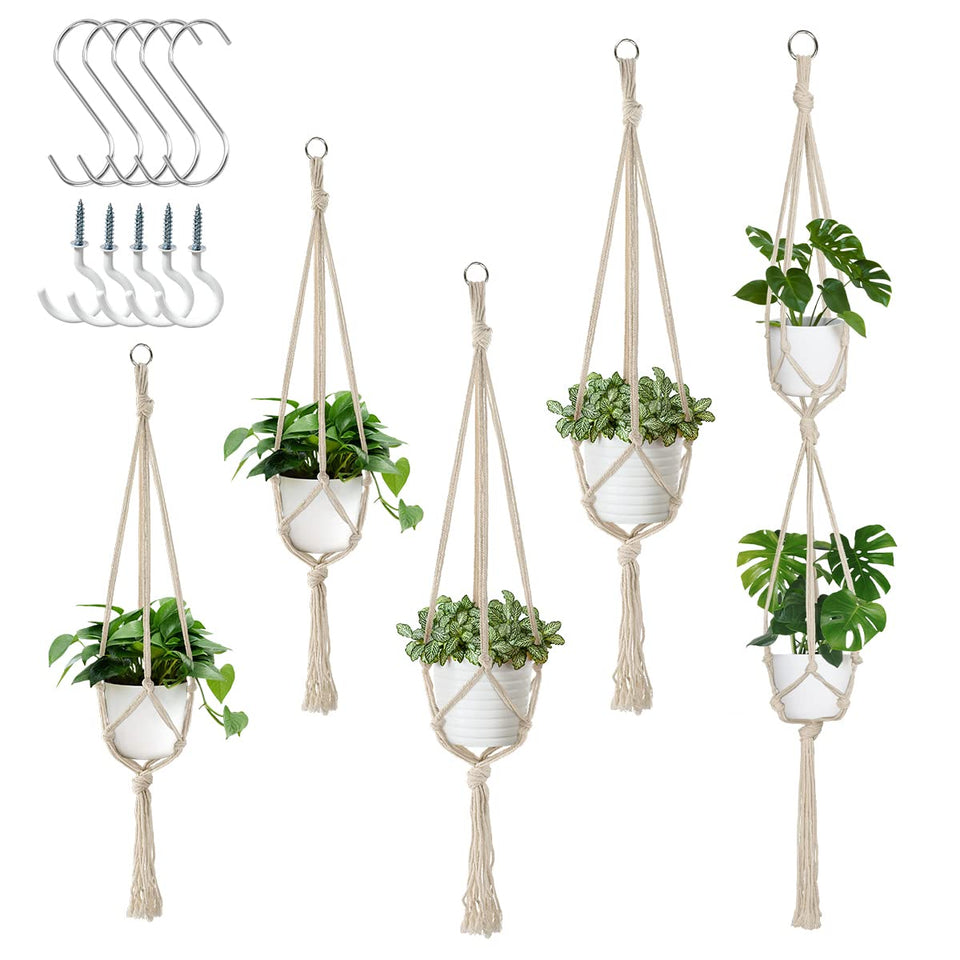 Auckpure five-pack beige macrame plant hangers for stylish indoor greenery.