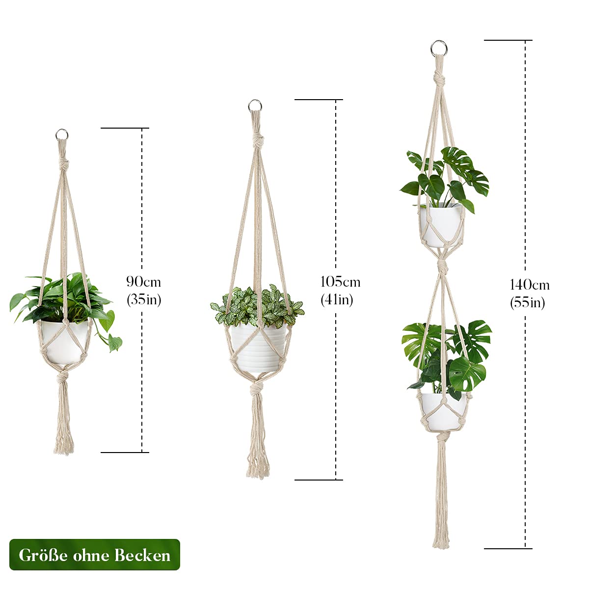 Auckpure macrame hanging baskets with S hooks for easy ceiling mounting.