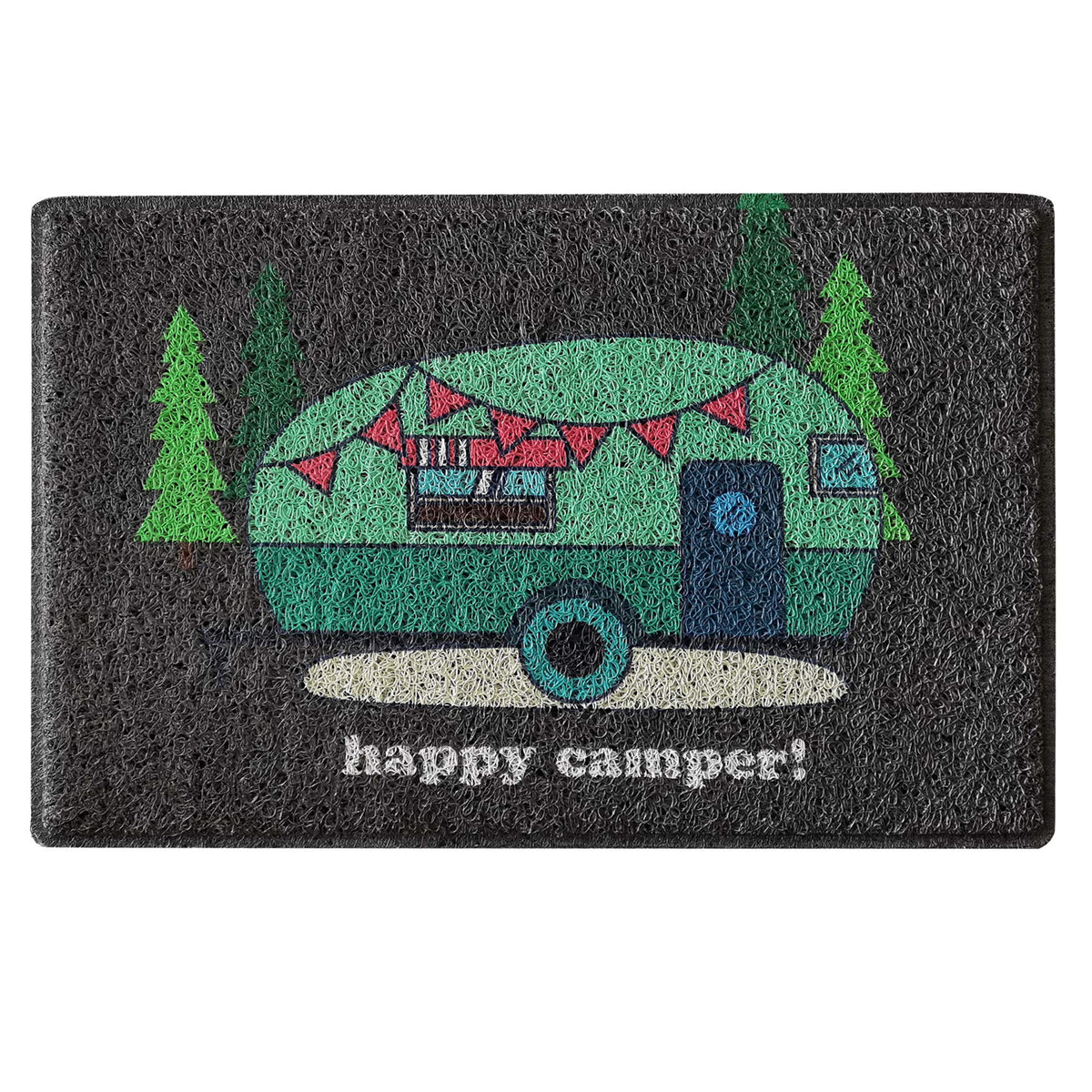 Aucuda Happy Camper door mat at the front door boosts curb appeal and traps dirt.