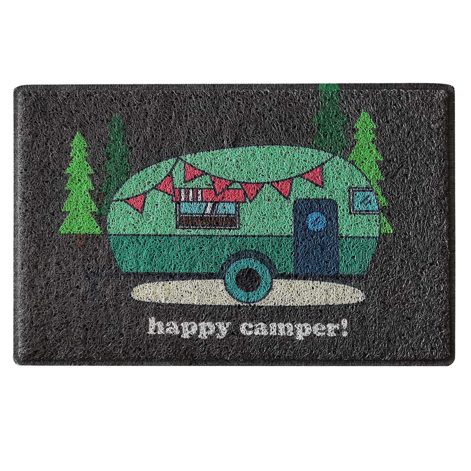 Aucuda Happy Camper door mat at the front door boosts curb appeal and traps dirt.