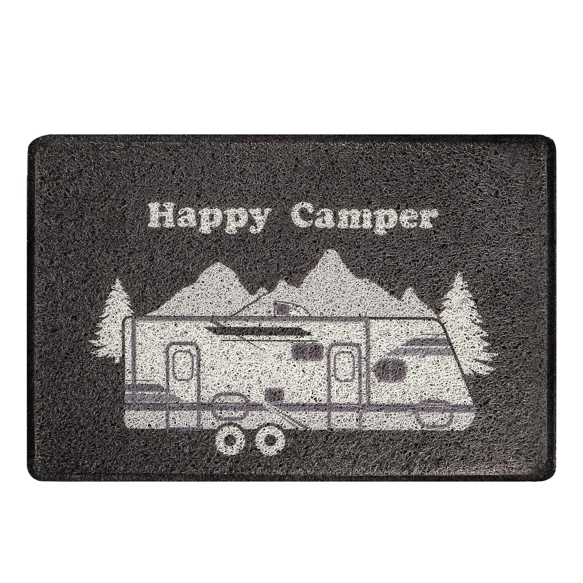 Aucuda Happy Camper RV door mat at the front entrance, dirt-trapping design in action.