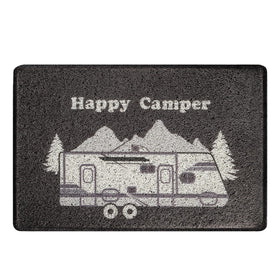 Aucuda Happy Camper RV door mat at the front entrance, dirt-trapping design in action.