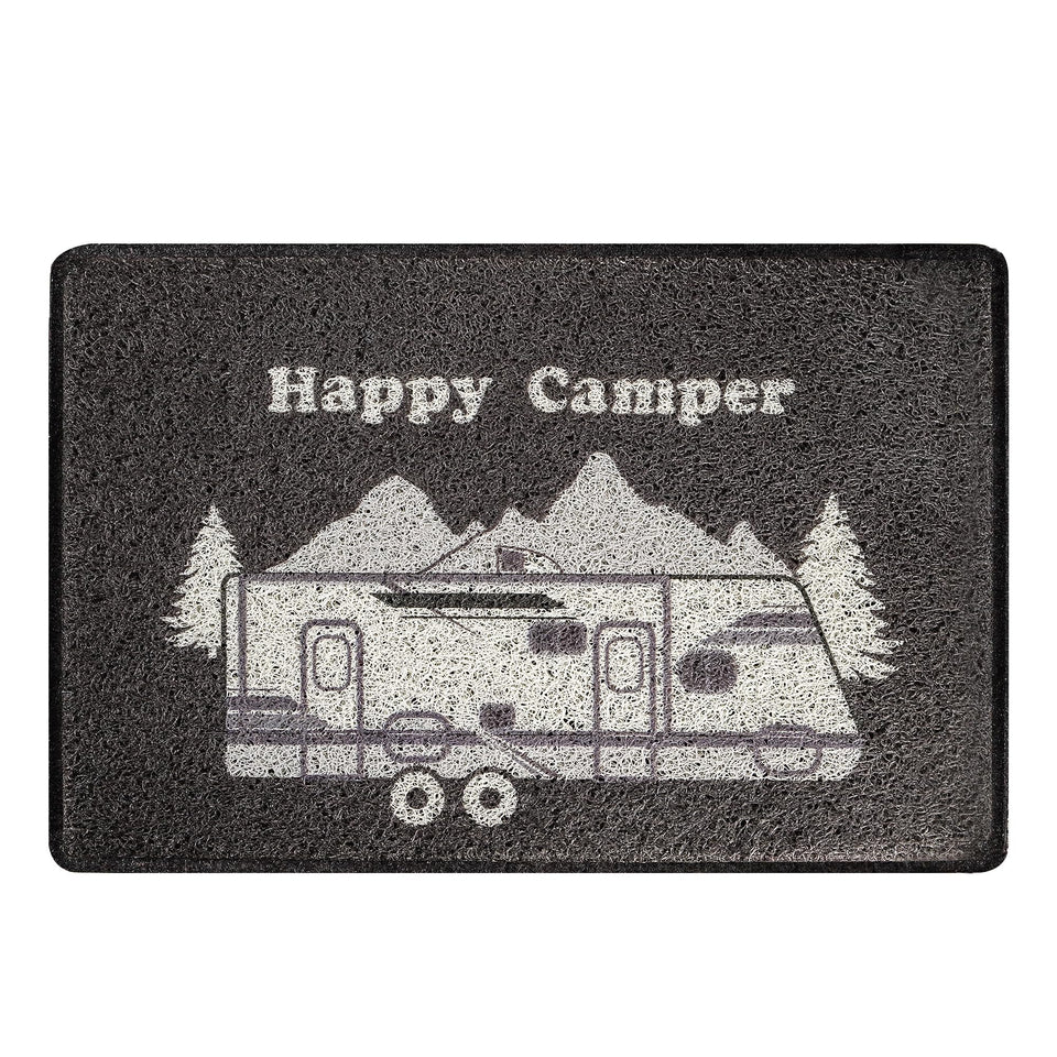 Aucuda Happy Camper RV door mat at the front entrance, dirt-trapping design in action.
