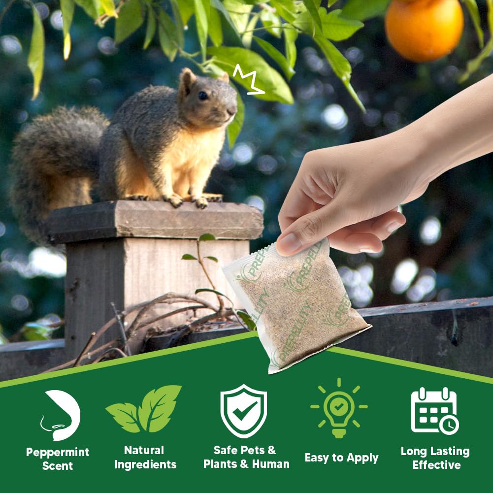 AUDQQM Squirrel Repellent Pouches hanging in garden deter squirrels naturally.