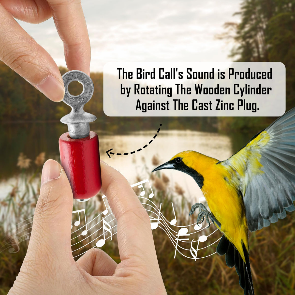 Audubon Bird Call wooden cylinder close-up shows traditional craftsmanship for authentic sounds.