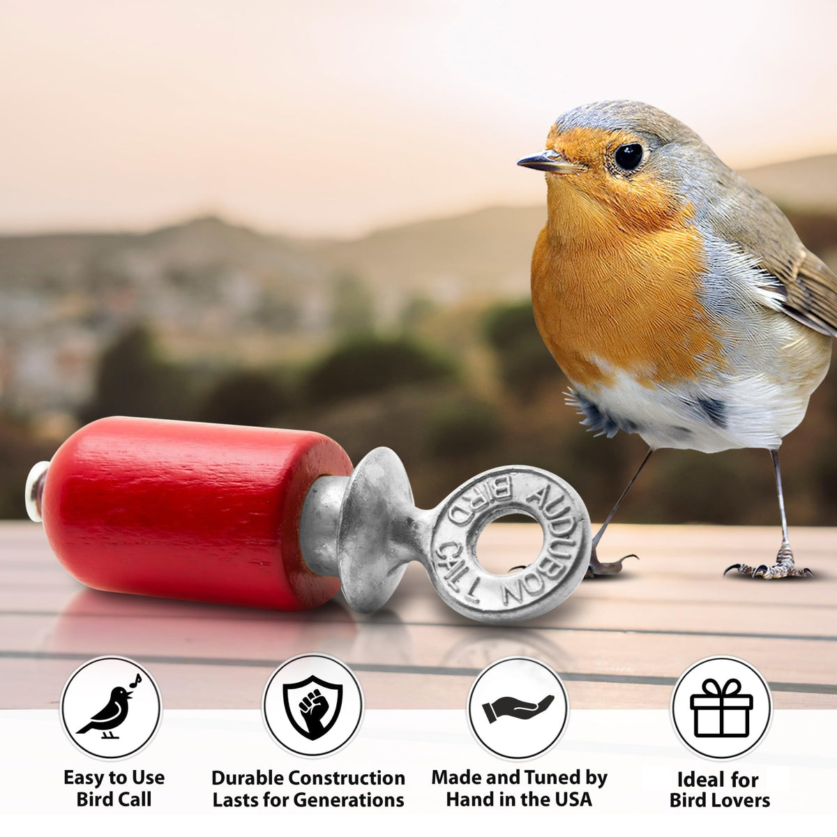 Audubon Bird Call zinc plug close-up highlights adjustable pitch for varied tones.