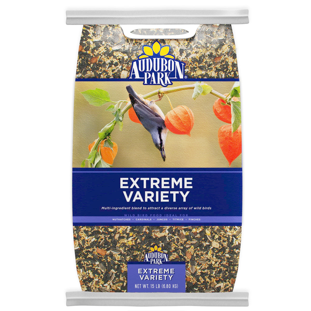 Audubon Park Extreme Variety seed bag front view shows premium mix for year-round backyard birds