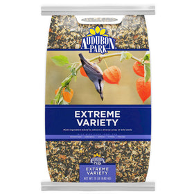 Audubon Park Extreme Variety seed bag front view shows premium mix for year-round backyard birds