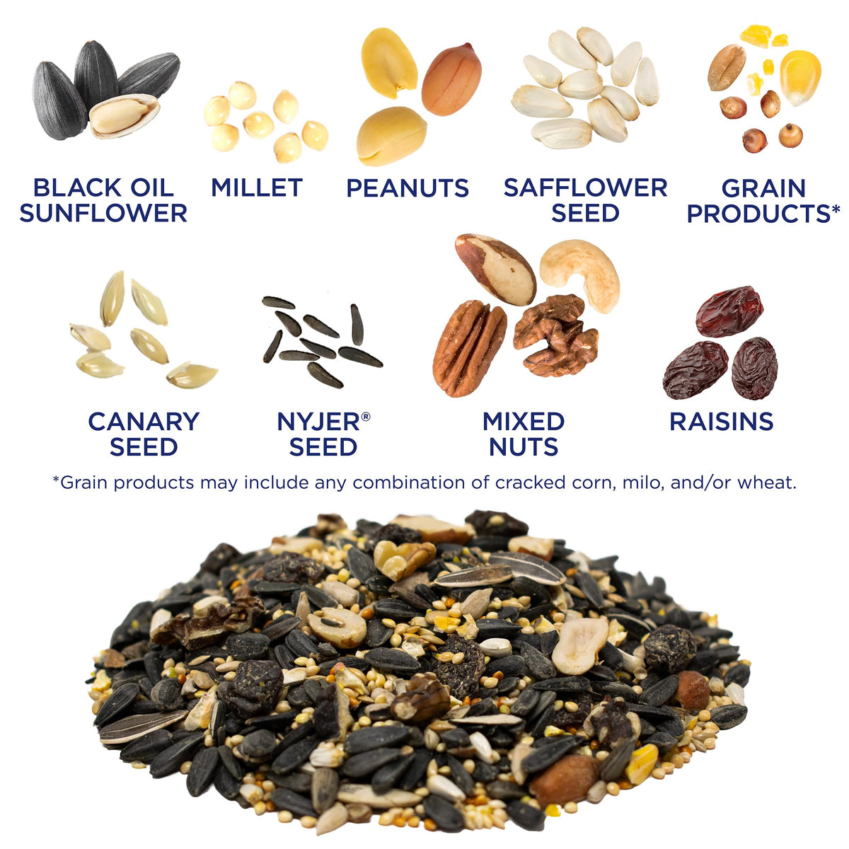 Audubon Park Extreme Variety seed bag side panel highlights ingredients for diverse feathered visitors