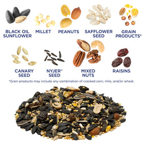 Audubon Park Extreme Variety seed bag side panel highlights ingredients for diverse feathered visitors