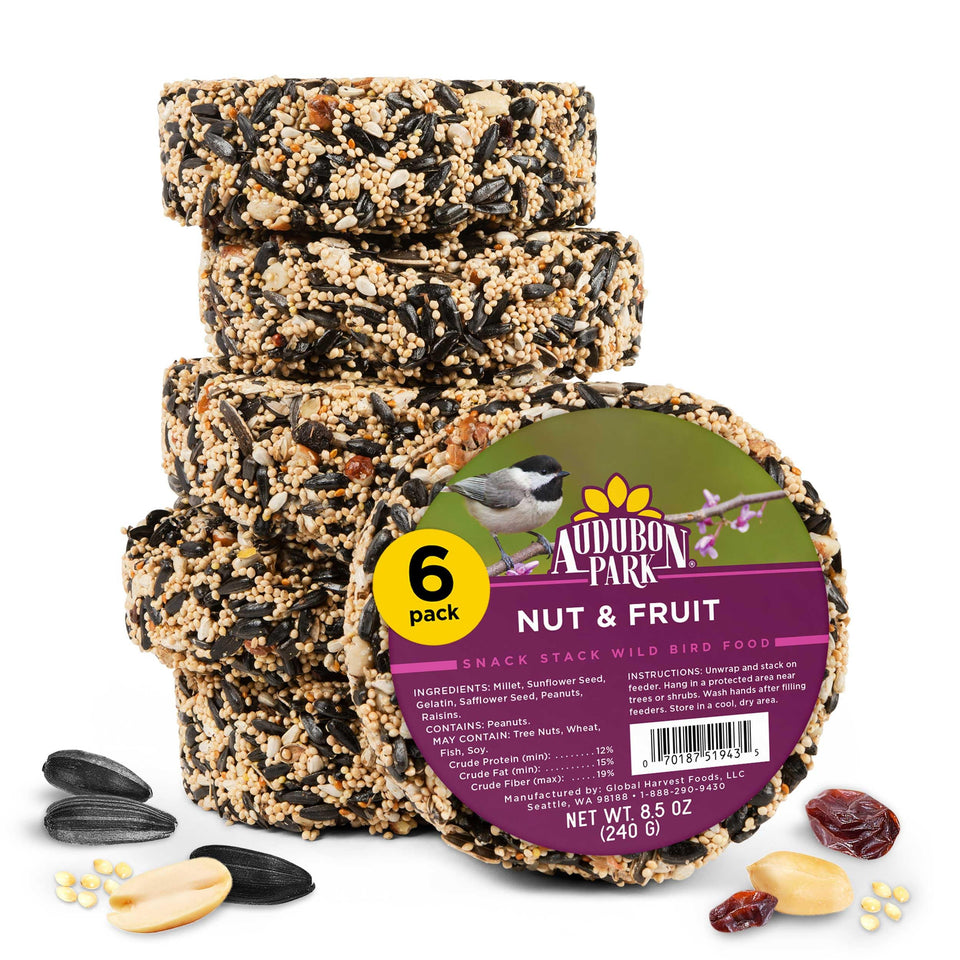 Audubon Park Nut & Fruit Snack Stack six-pack seed cakes for year-round feeding.