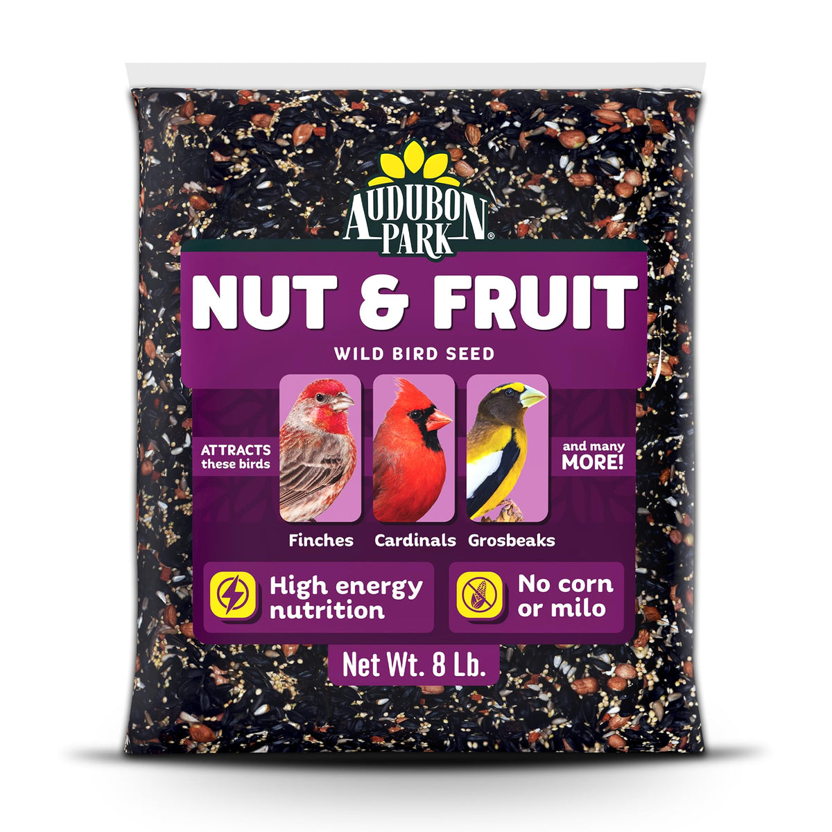 Audubon Park Nut & Fruit seed bag with sunflower-heavy blend attracting diverse backyard birds