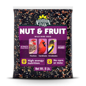 Audubon Park Nut & Fruit seed bag with sunflower-heavy blend attracting diverse backyard birds