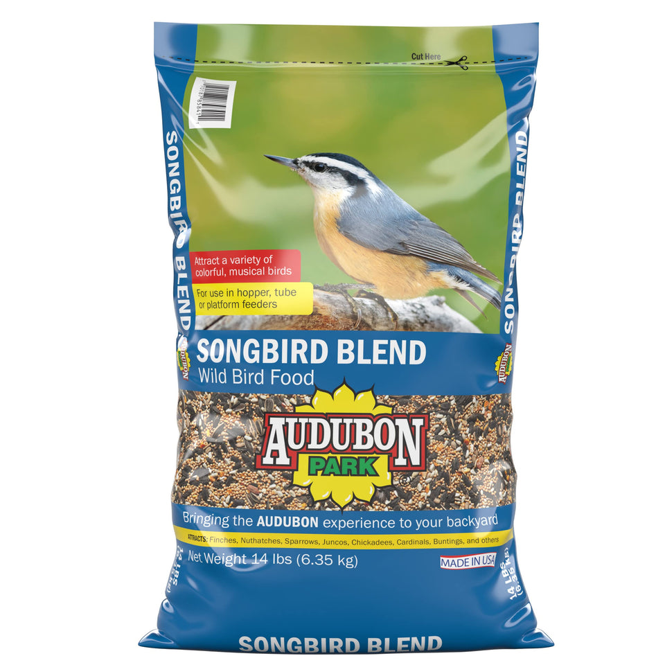 Audubon Park Songbird Blend 14lb bag ready for outdoor feeders.