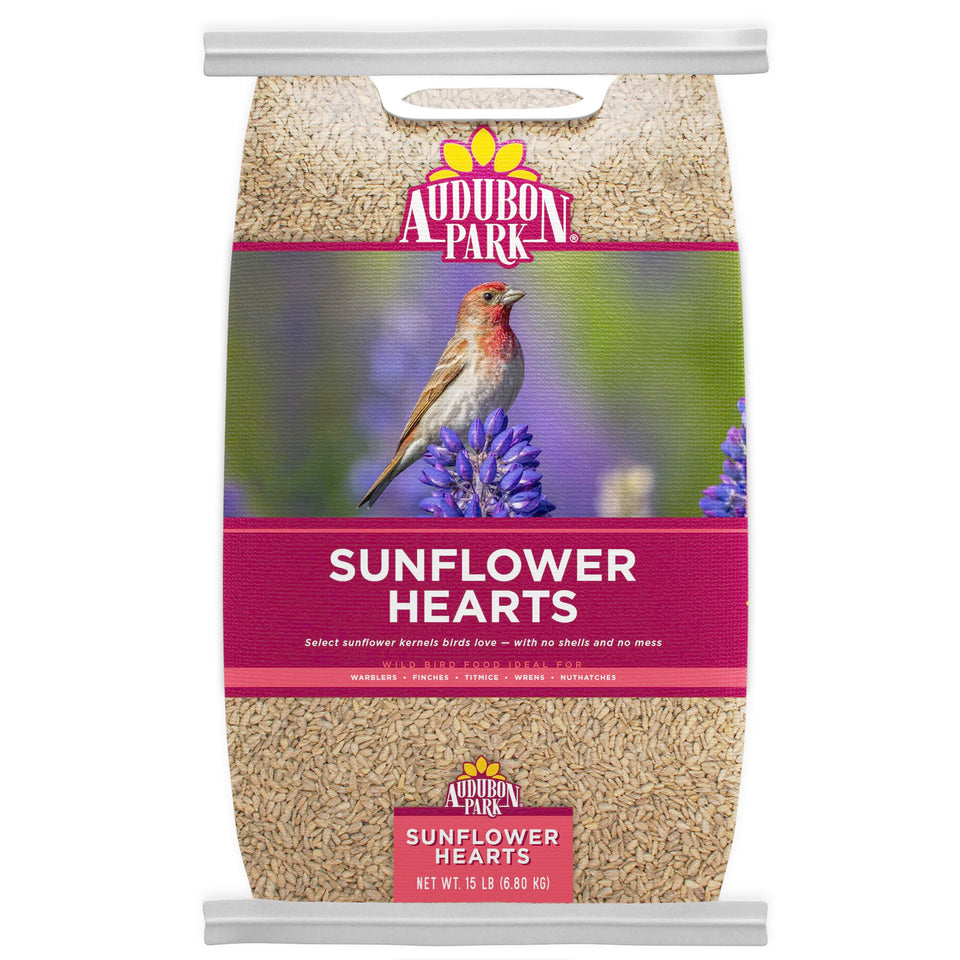 Audubon Park Sunflower Hearts 15lb bag, shell-free feed for cleaner feeders.
