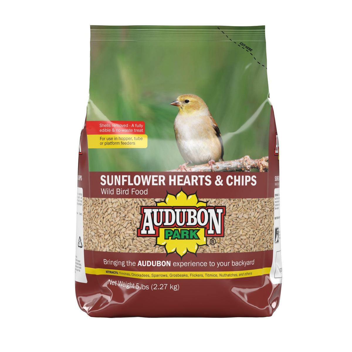 Audubon Park Sunflower Hearts & Chips bag shows shell-free seeds for mess-free feeding.