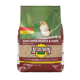 Audubon Park Sunflower Hearts & Chips bag shows shell-free seeds for mess-free feeding.