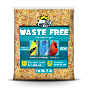 Audubon Park waste-free seed bag 12lb keeps patio feeding tidy.