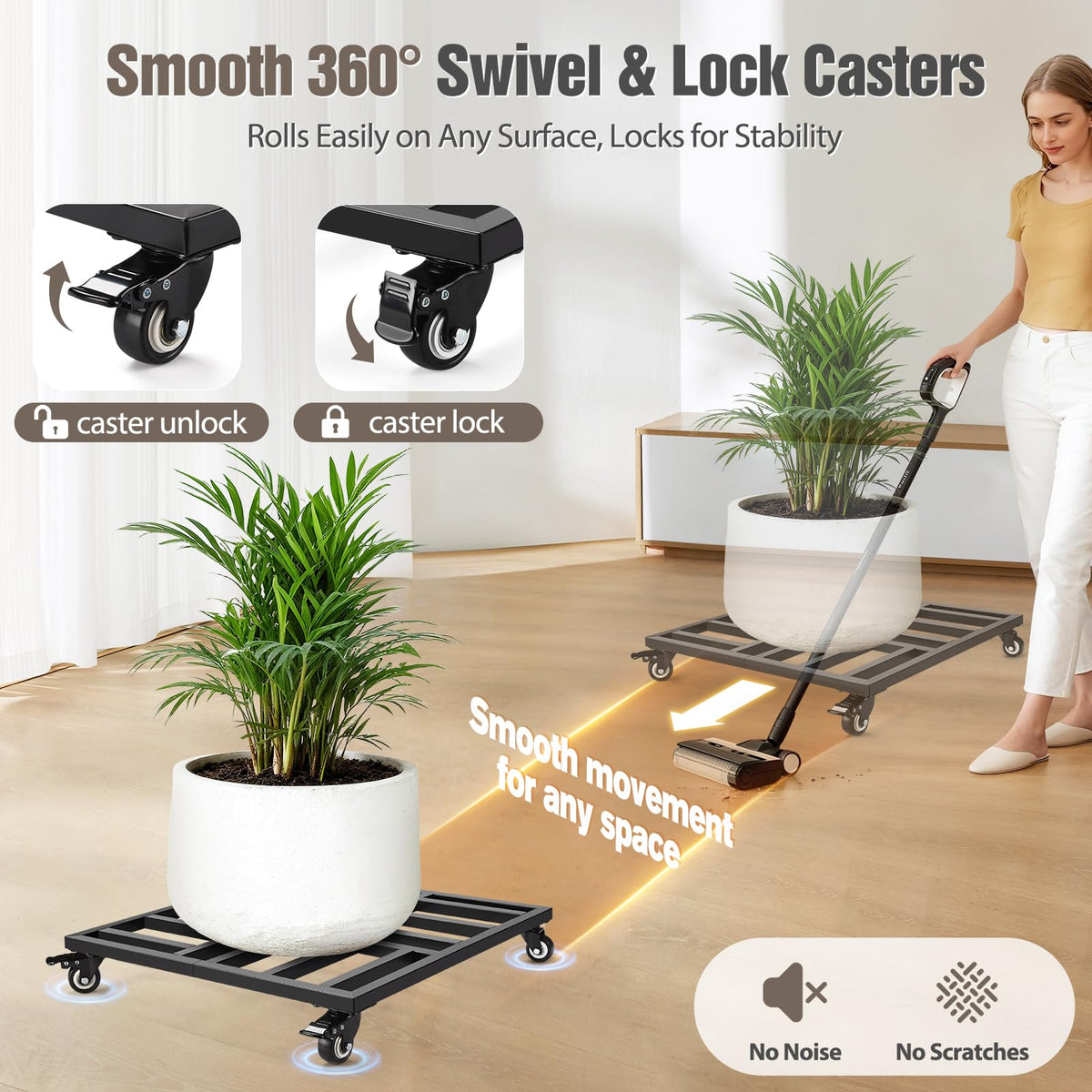 AugFir 4 swivel casters with brakes for smooth movement and locking.