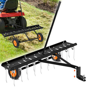 AugFir 48-Inch tow behind dethatcher in action, covering large lawns quickly