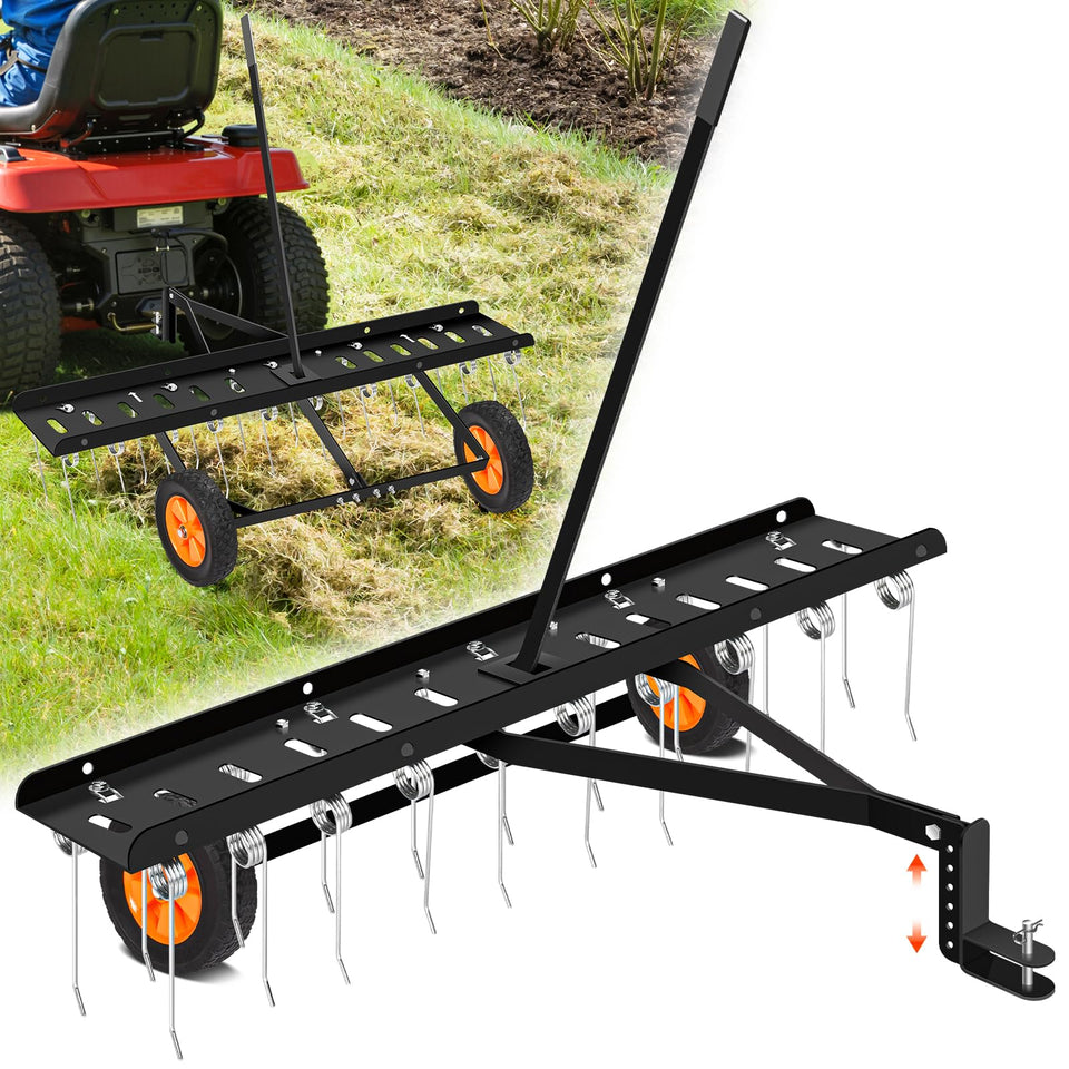 AugFir 48-Inch tow behind dethatcher in action, covering large lawns quickly