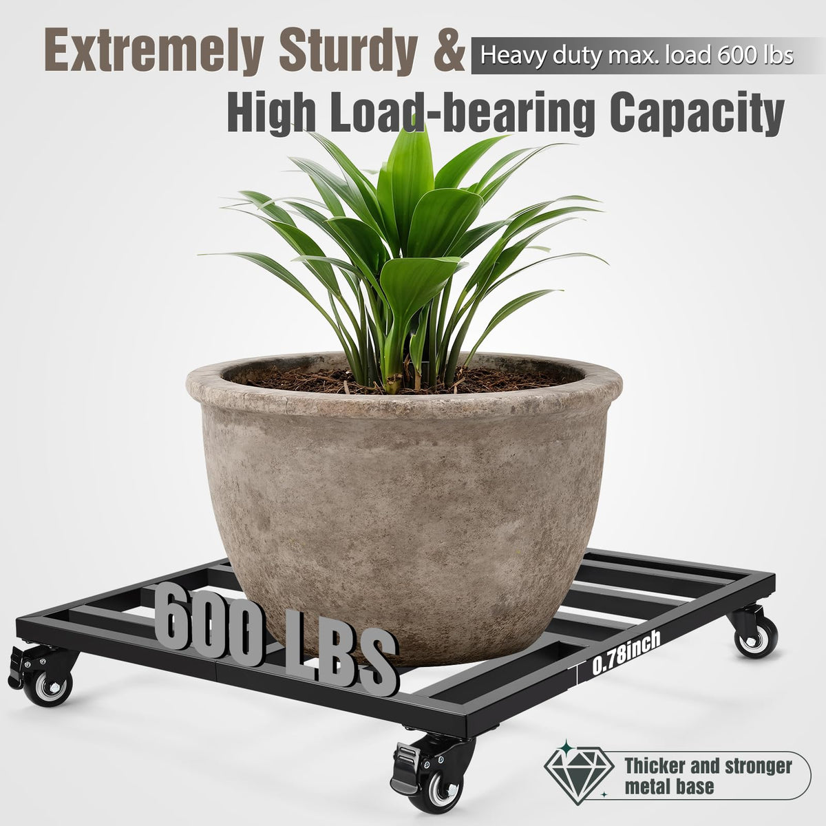 AugFir heavy-duty plant cart showing 600lbs capacity for outdoor setups.