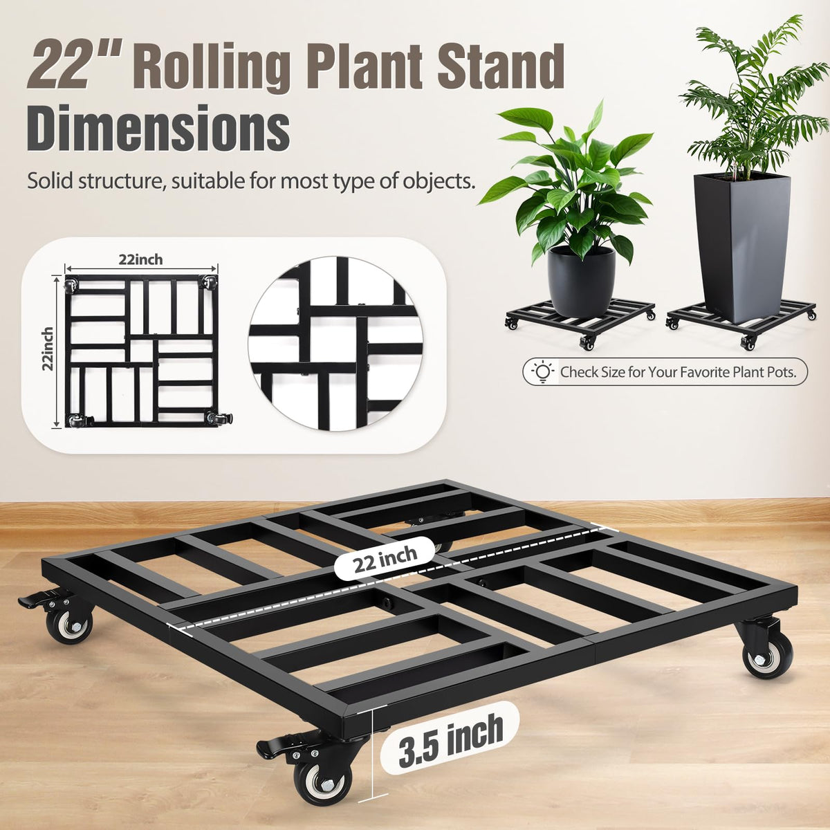 AugFir lockable wheels keep heavy planters secure on patio.