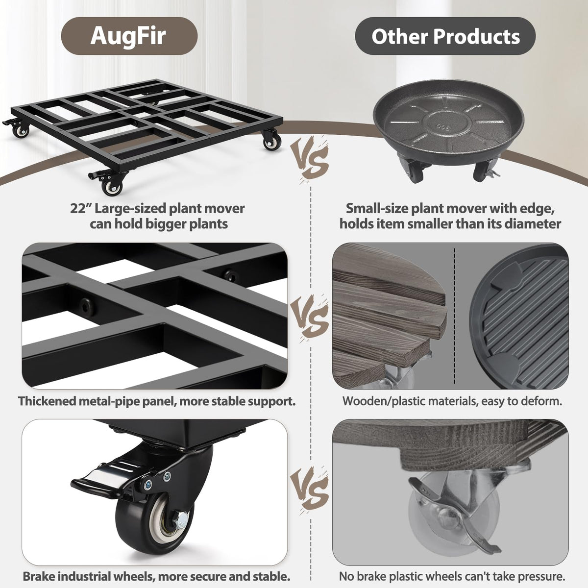 AugFir moves heavy pots indoors and outdoors with minimal effort.