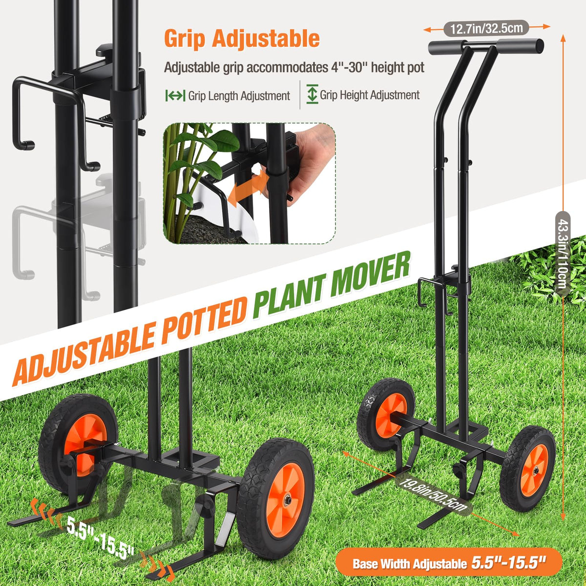 AugFir plant dolly bottom fork adjustable widens from 5.5 to 15.5 inches.