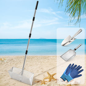 AugFir Sand Flea Rake with wide drain screen speeds beach treasure hunts.