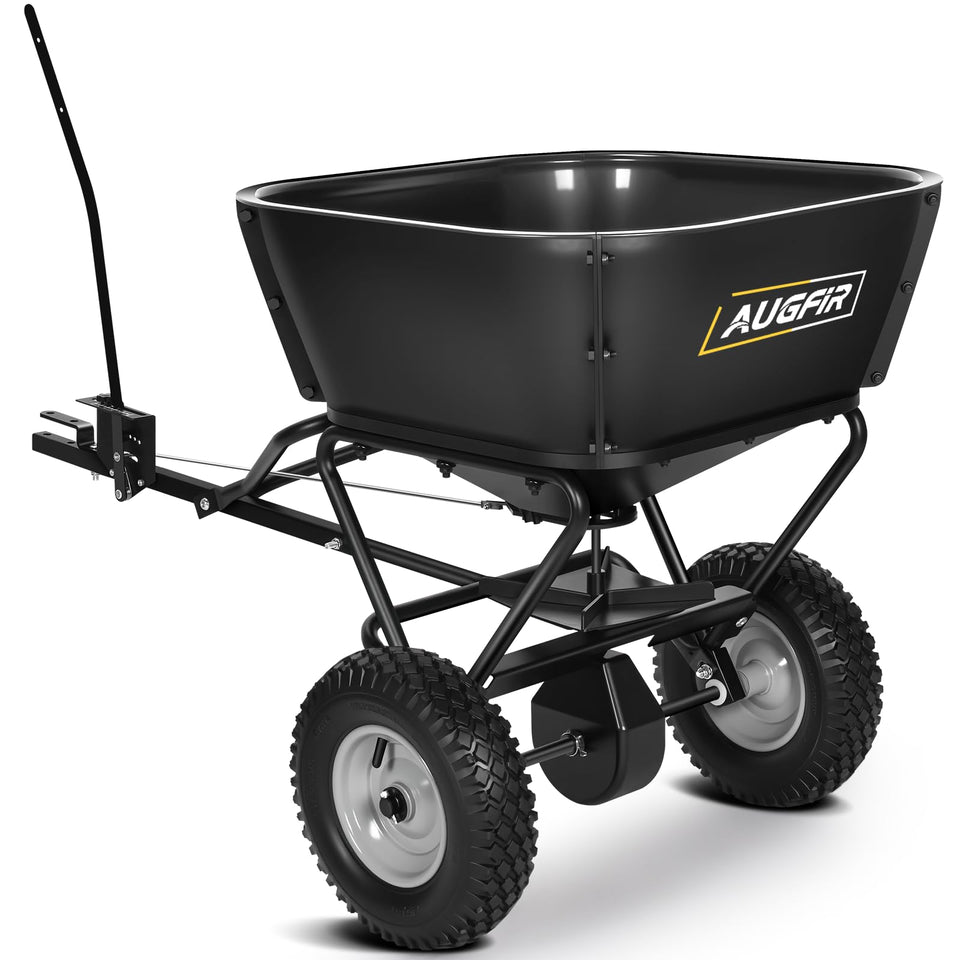 AugFir tow‑behind spreader showing 130 lbs hopper for large lawns