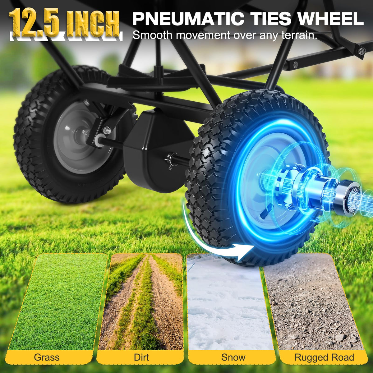 Twelve-and-a-half inch pneumatic tires for traction on varied surfaces