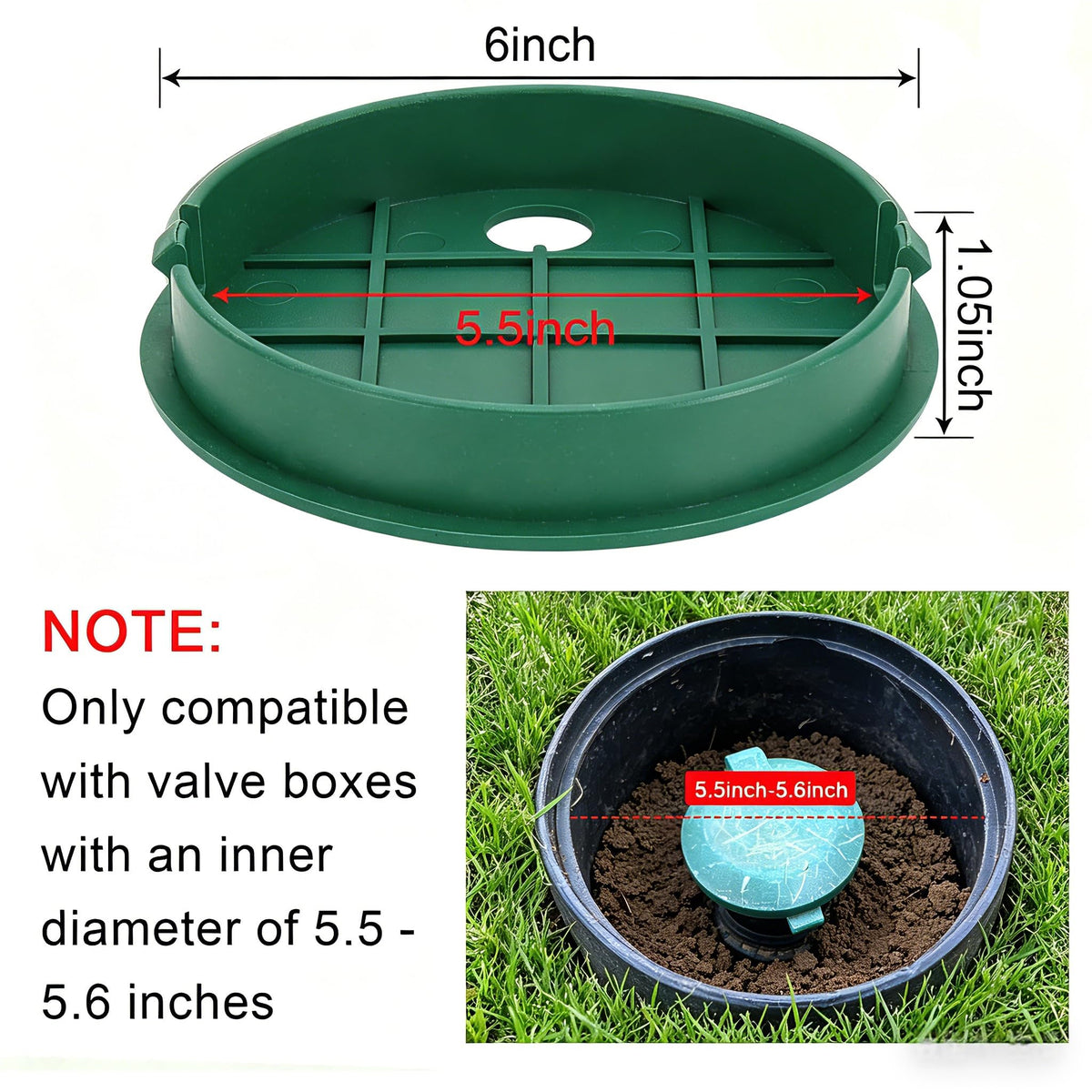 Front view shows snug fit for 5.5 inch inner diameter valve boxes