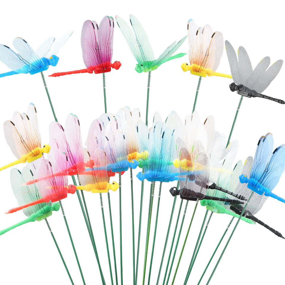 Augisteen 30-pcs 3D dragonfly garden stakes brighten outdoor spaces with vibrant colors.