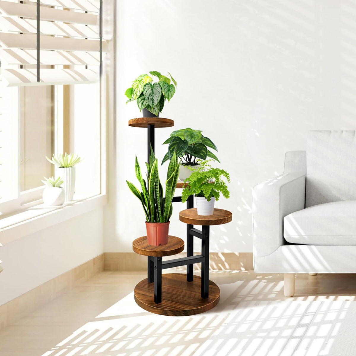 AUGOSTA 4-tier corner plant stand iron-wood construction emphasizes durability and style.
