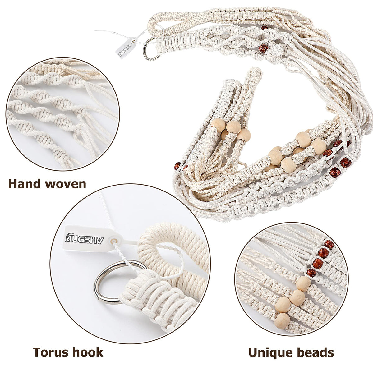 Augshy cotton macrame strings closeup, durable and weather-friendly.