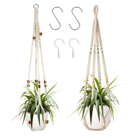 Augshy macrame plant hanger 2-pack, front view, natural cotton for versatile indoor display.
