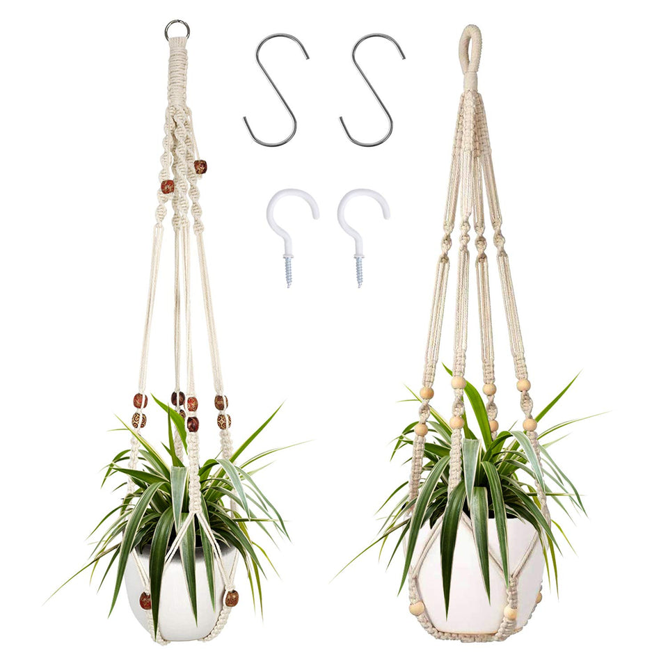 Augshy macrame plant hanger 2-pack, front view, natural cotton for versatile indoor display.