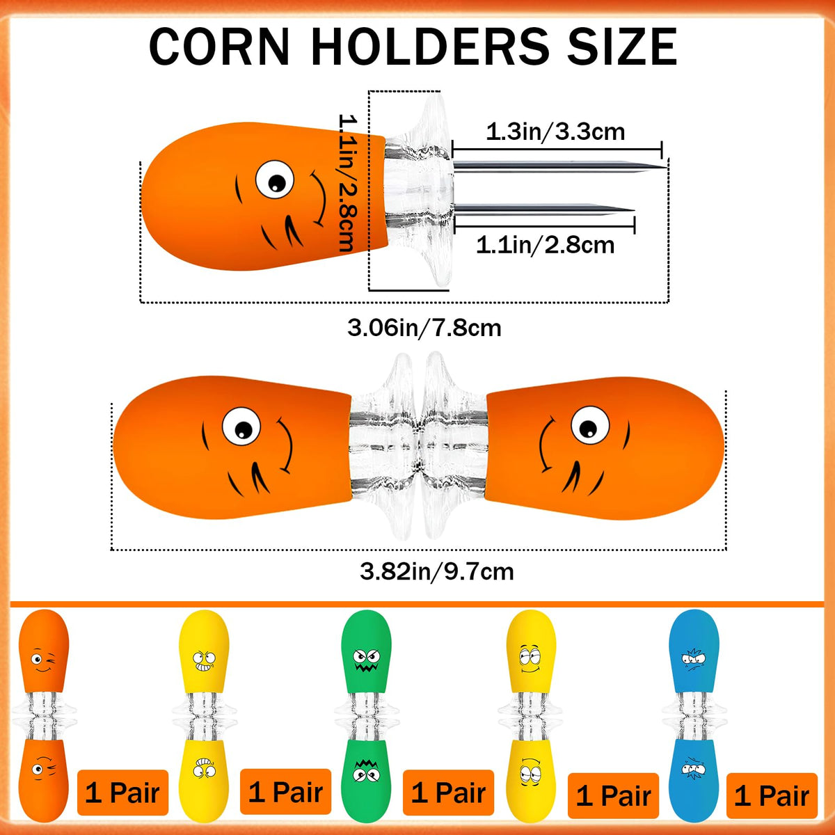 Augsun corn holders orange fun-face set for outdoor barbecues.
