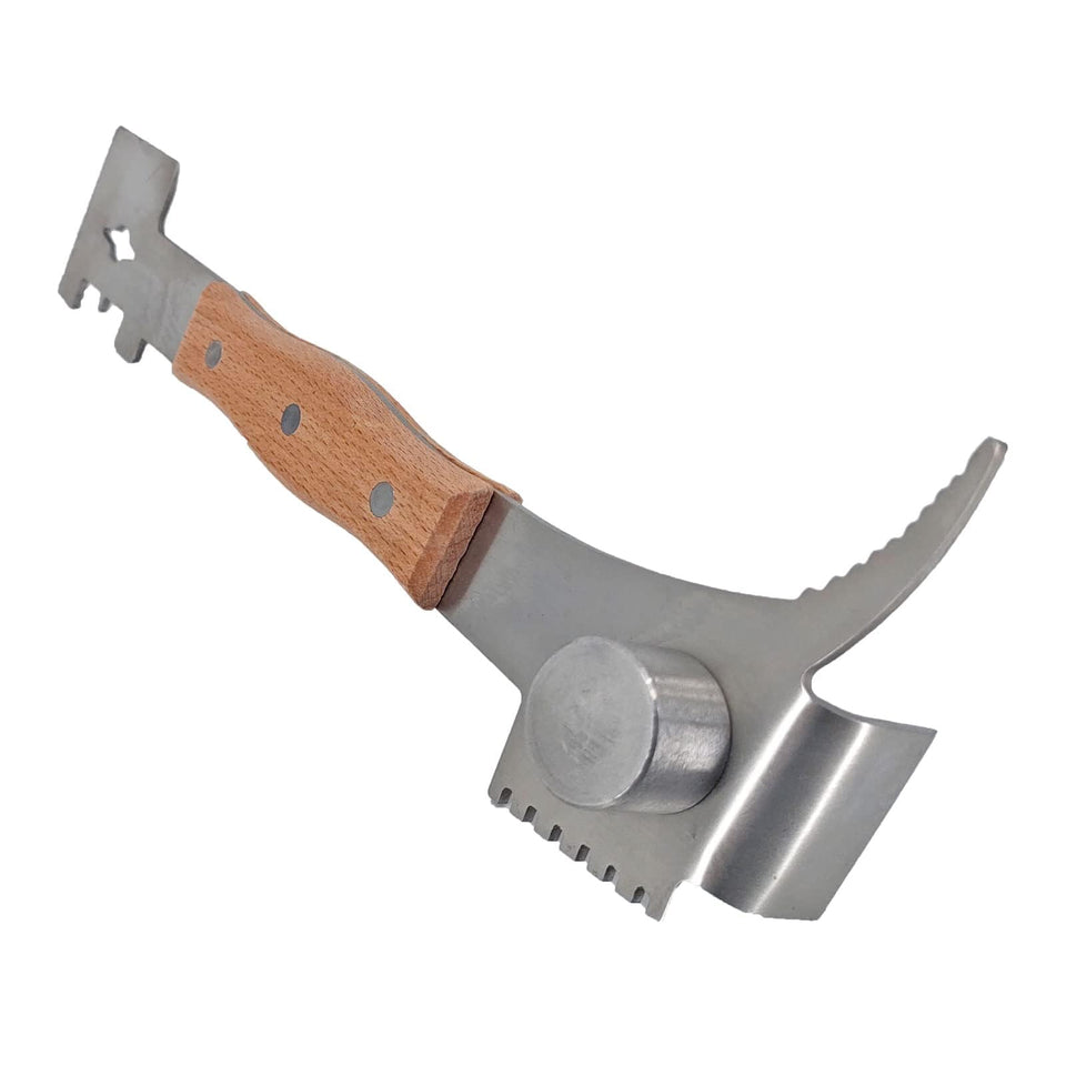 AukBeeFun 7in1 hive tool with wooden handle, versatile beekeeping tool for multiple tasks.