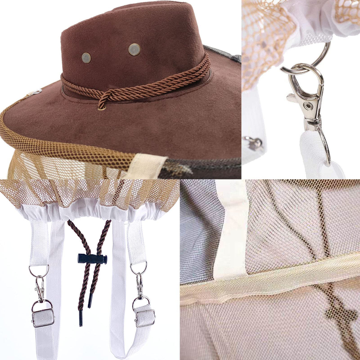 AukBeeFun hat with veil demonstrates adjustable elastic under the brim for stability.